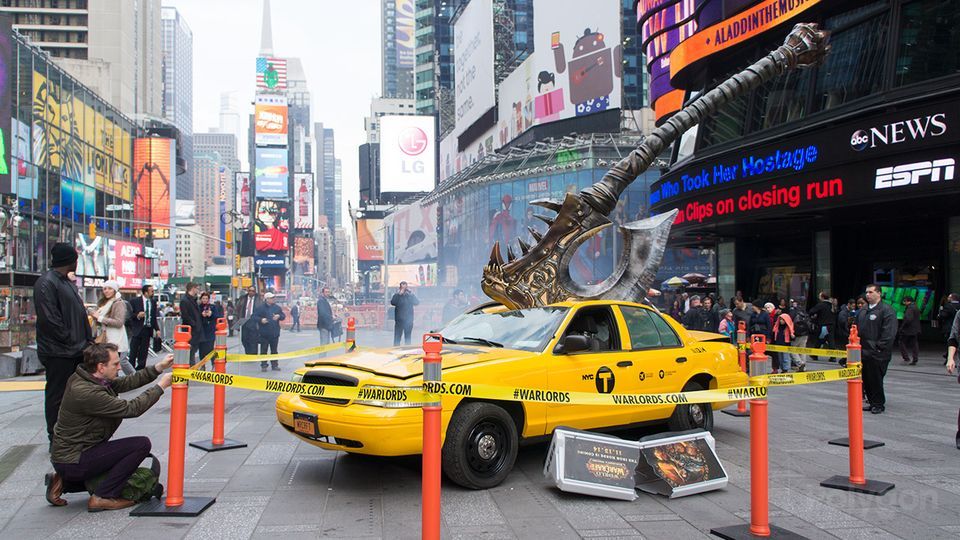Giant battleaxe impaled into a taxi in Time Square in celebration of the WoD release